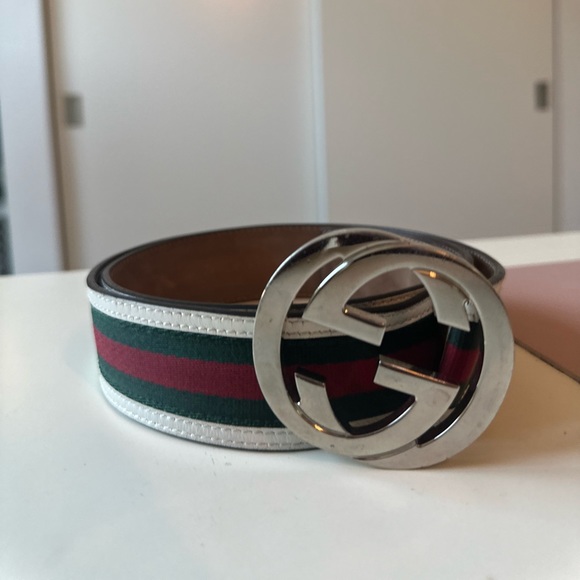 White Green and Red Gucci Striped Leather Belt with Interlocking G logo - Picture 2 of 4